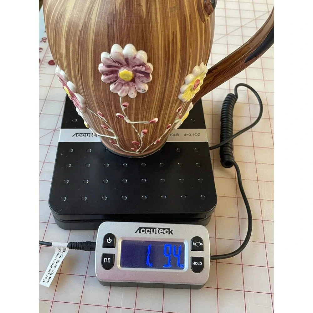 Vintage Hand Painted Italy Ceramic Floral Pitcher Brown‎ Wood Grain 3D Daisy Jug